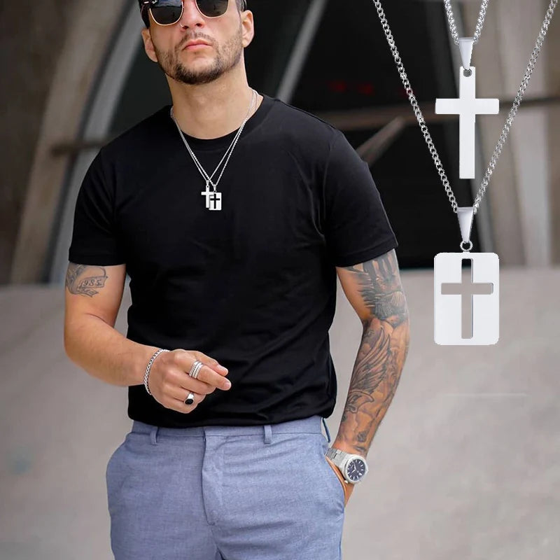 Men Necklaces, Cross Cut Out Pendant, Stainless Steel Small Dog Tag Necklace, Christ Religion Jewelry