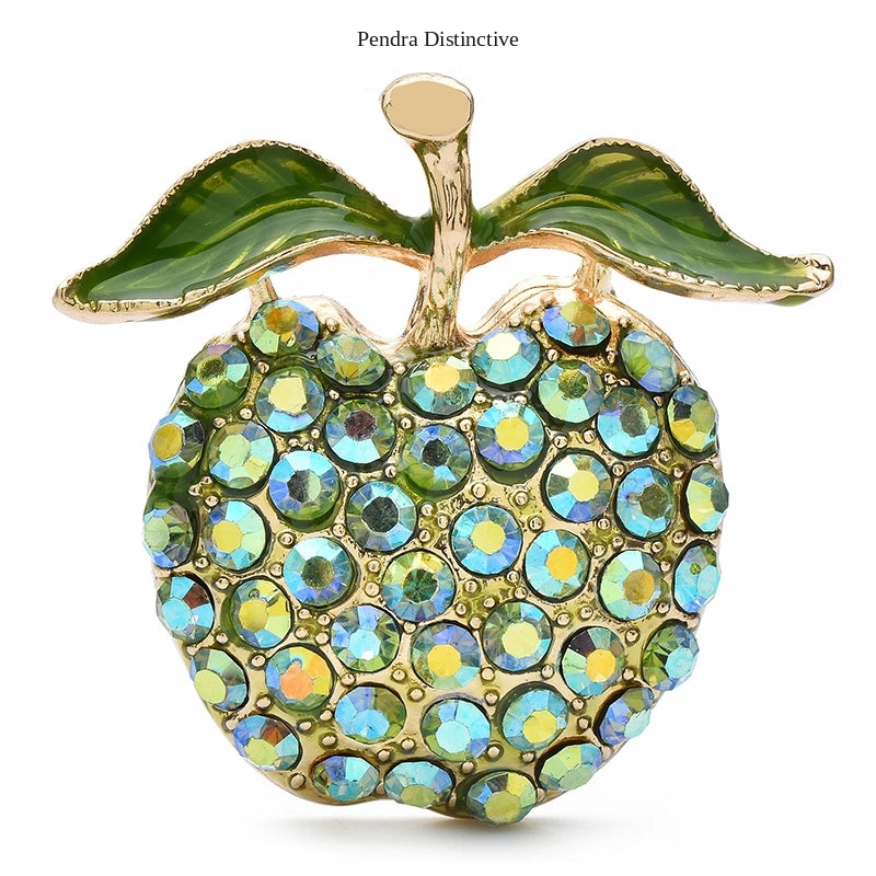 PENDRA Appella Green Rhinestone Apple Brooch