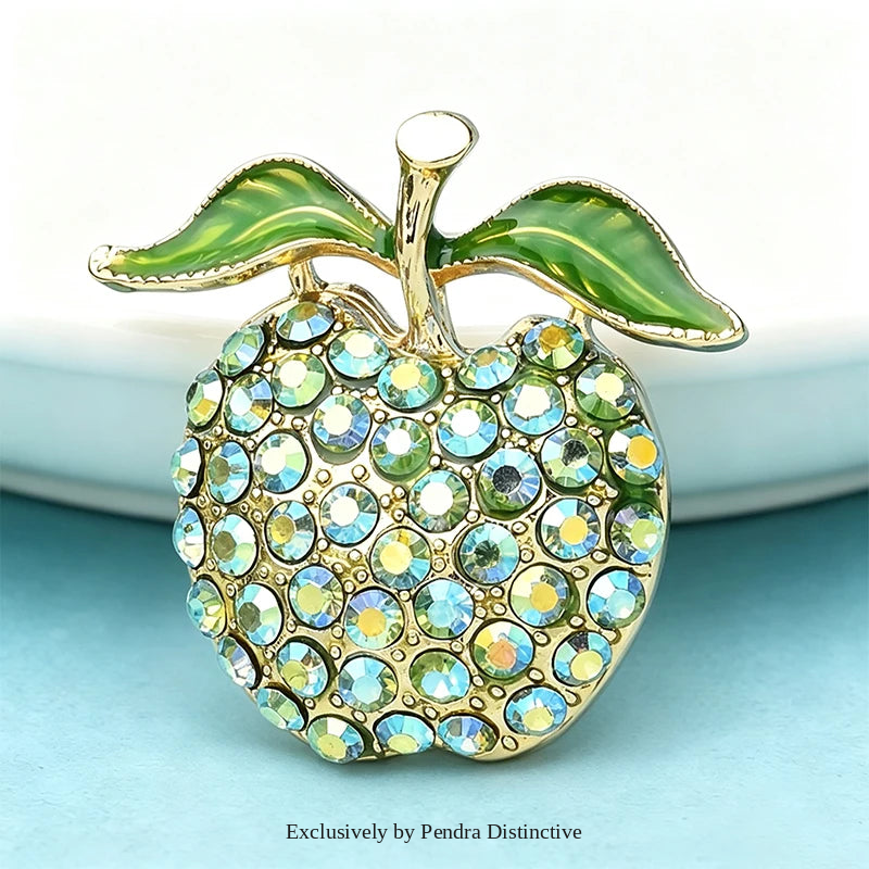 PENDRA Appella Green Rhinestone Apple Brooch