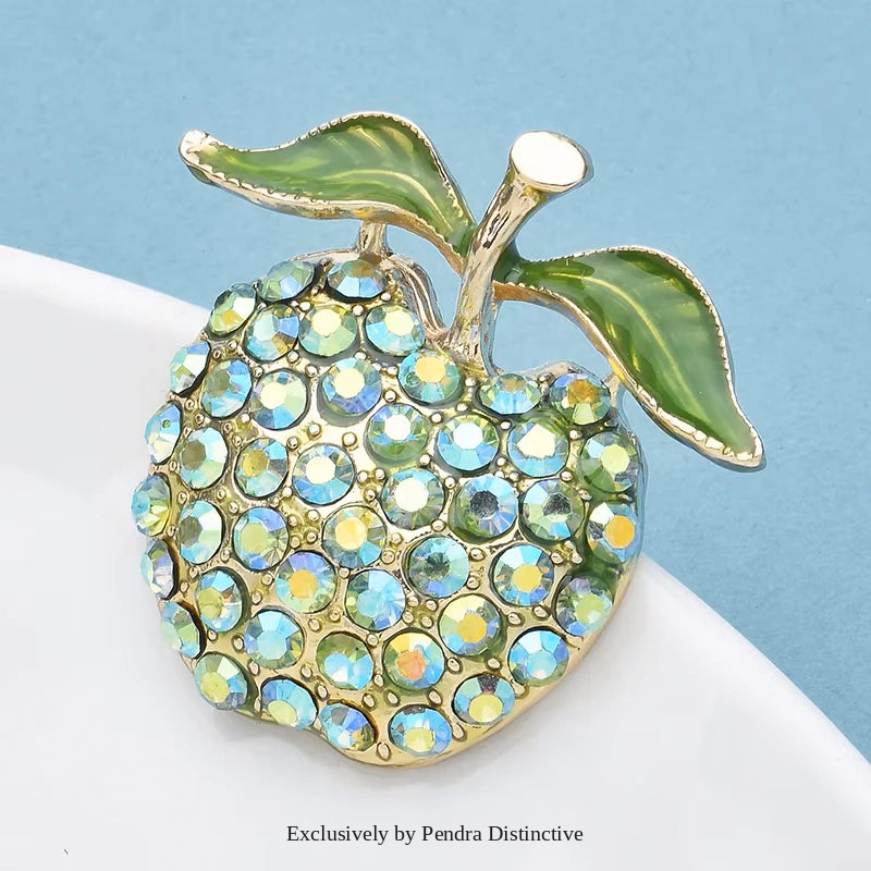 PENDRA Appella Green Rhinestone Apple Brooch