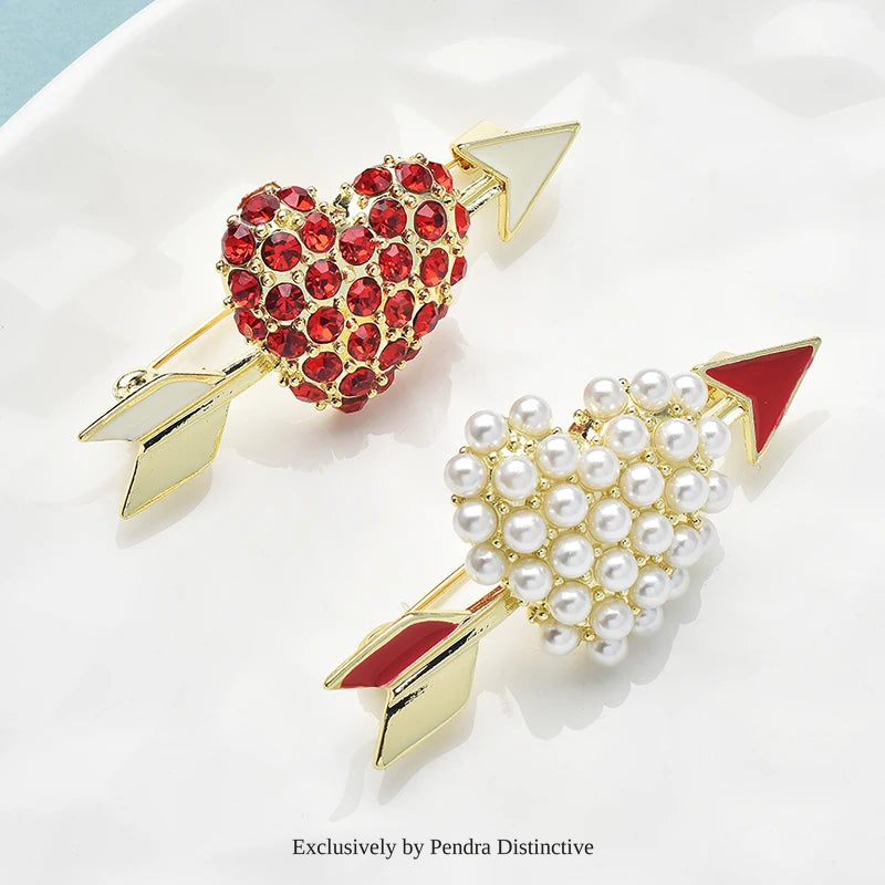 PENDRA Rhinestone Pearl Arrow And Heart Brooch