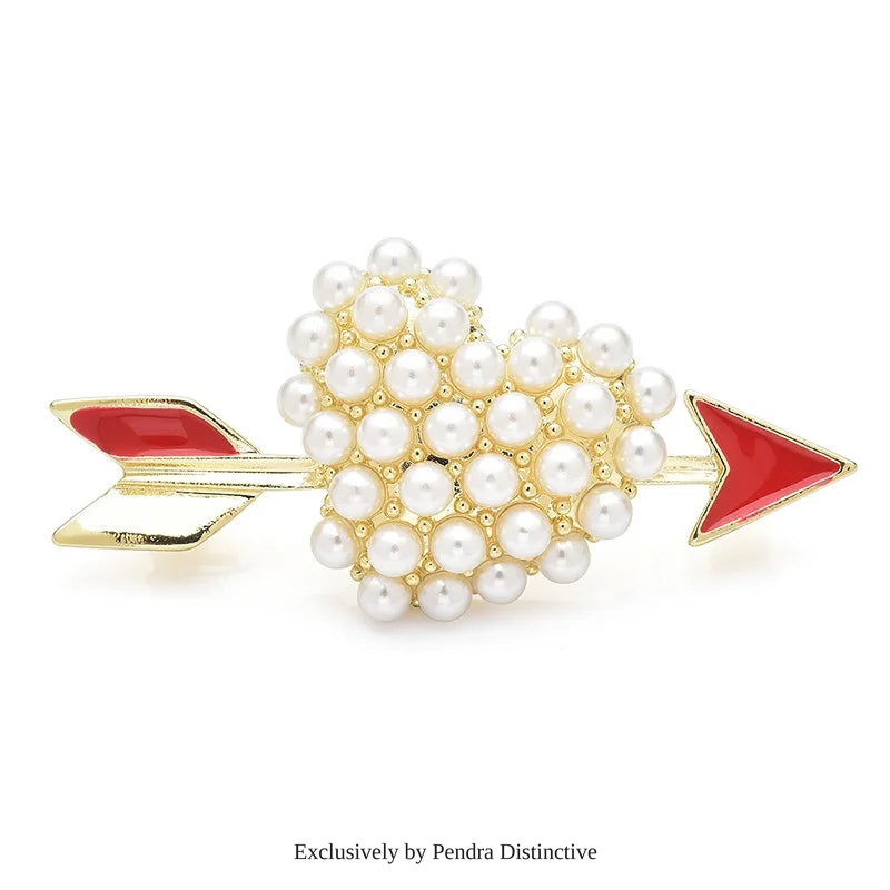 PENDRA Rhinestone Pearl Arrow And Heart Brooch