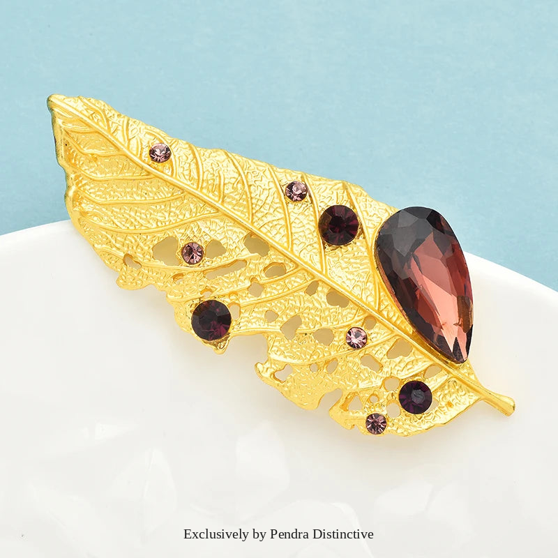 PENDRA Aurelia Crystal Golden Leaf Brooch