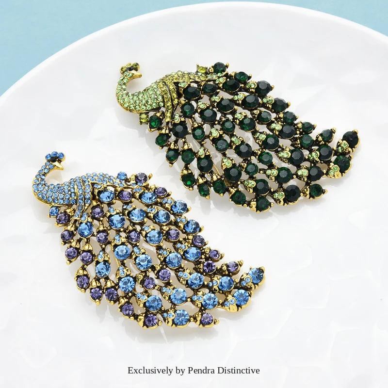 PENDRA Aviary Rhinestone Peacock Brooch