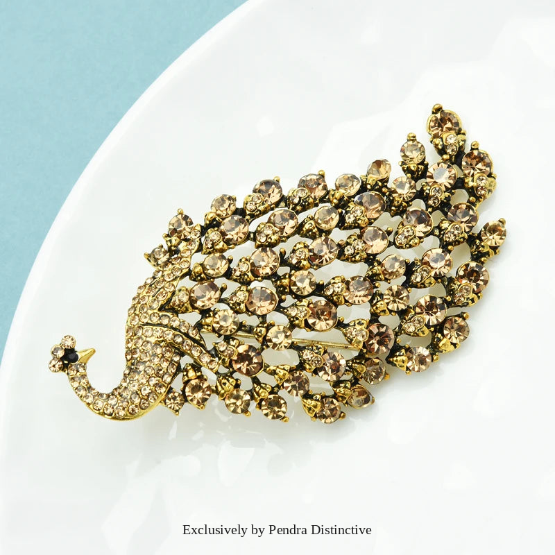 PENDRA Aviary Rhinestone Peacock Brooch