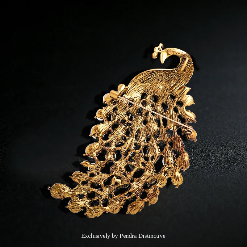 PENDRA Aviary Rhinestone Peacock Brooch