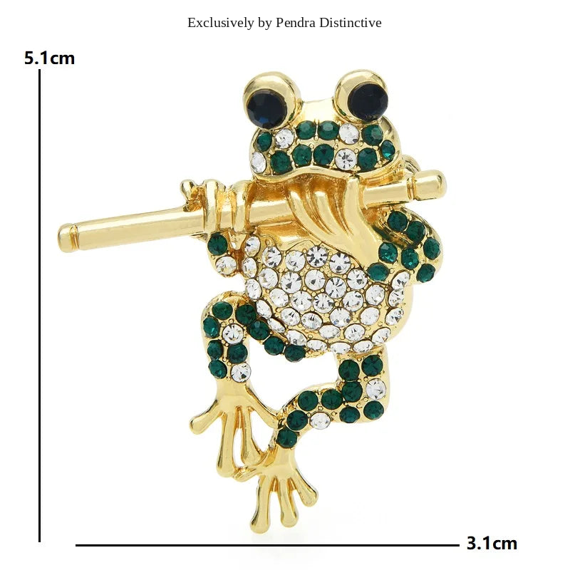 PENDRA Bamboo Flute Frog Rhinestone Brooch