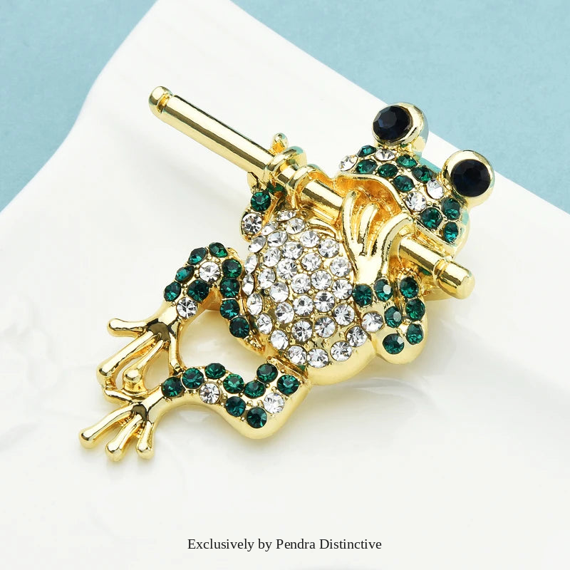 PENDRA Bamboo Flute Frog Rhinestone Brooch