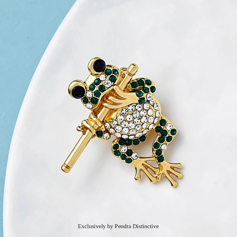 PENDRA Bamboo Flute Frog Rhinestone Brooch