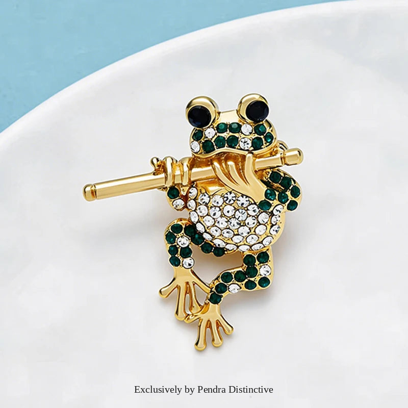 PENDRA Bamboo Flute Frog Rhinestone Brooch