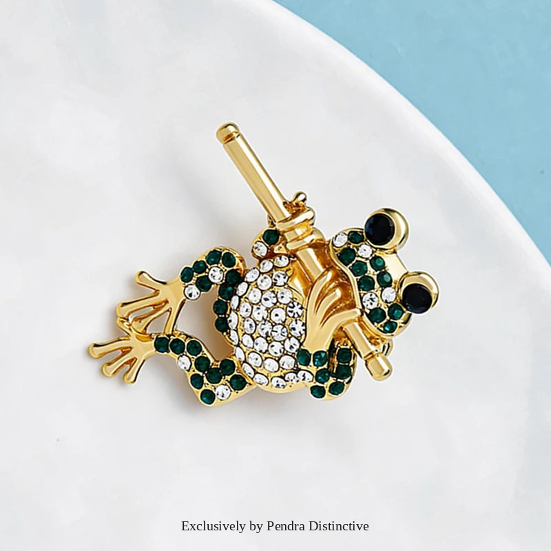 PENDRA Bamboo Flute Frog Rhinestone Brooch