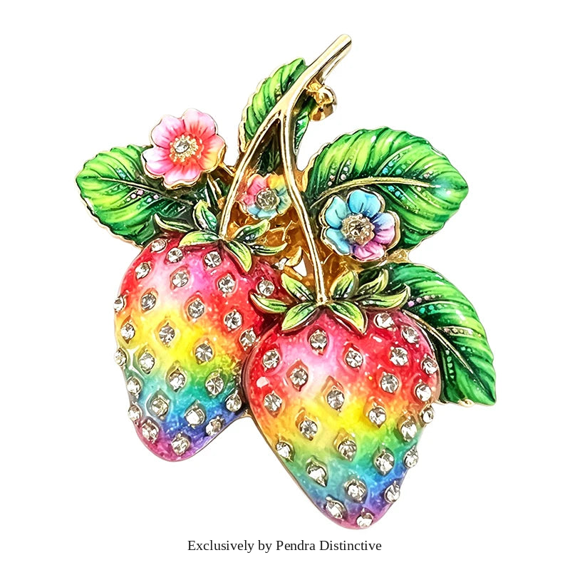 PENDRA Berry Enamel 4-Color Strawberry Rhinestone Brooch