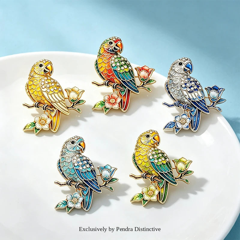 PENDRA Blooming Parrot Rhinestone Brooch