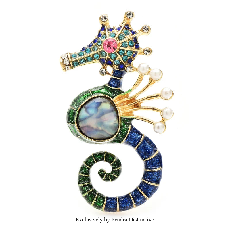 PENDRA Blue Rhinestone Shell Seahorse Brooch