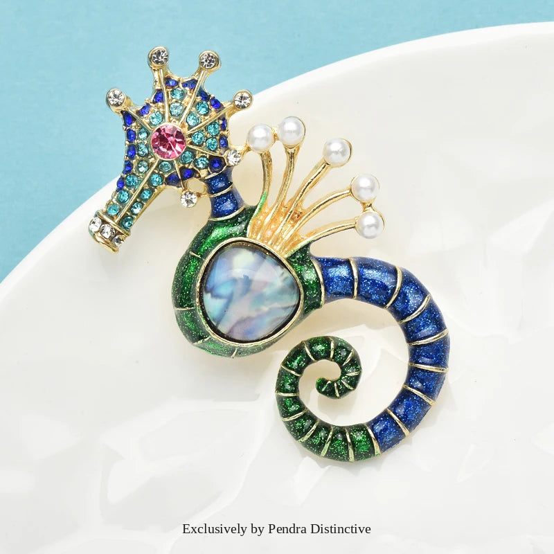 PENDRA Blue Rhinestone Shell Seahorse Brooch