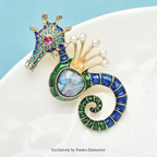 PENDRA Blue Rhinestone Shell Seahorse Brooch