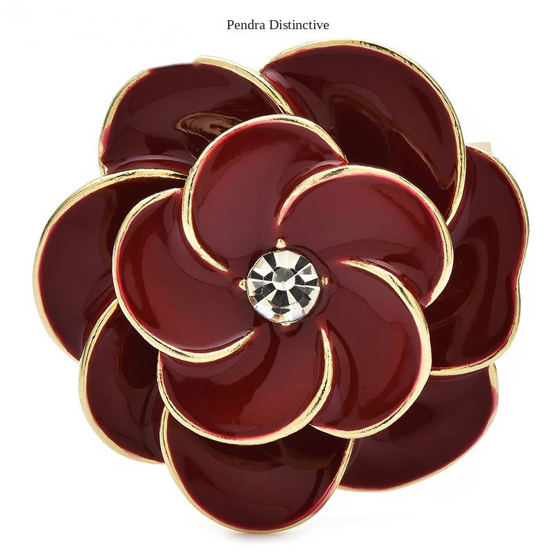 PENDRA Camellia Red Enamel Flower Brooch