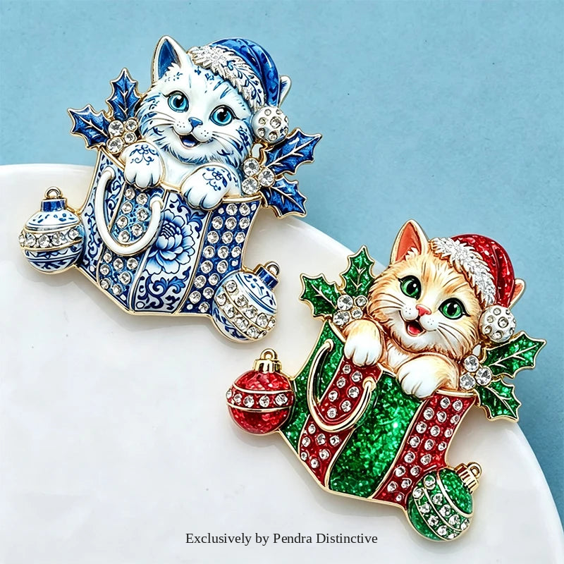 PENDRA Christmas Kitty Rhinestone Brooch