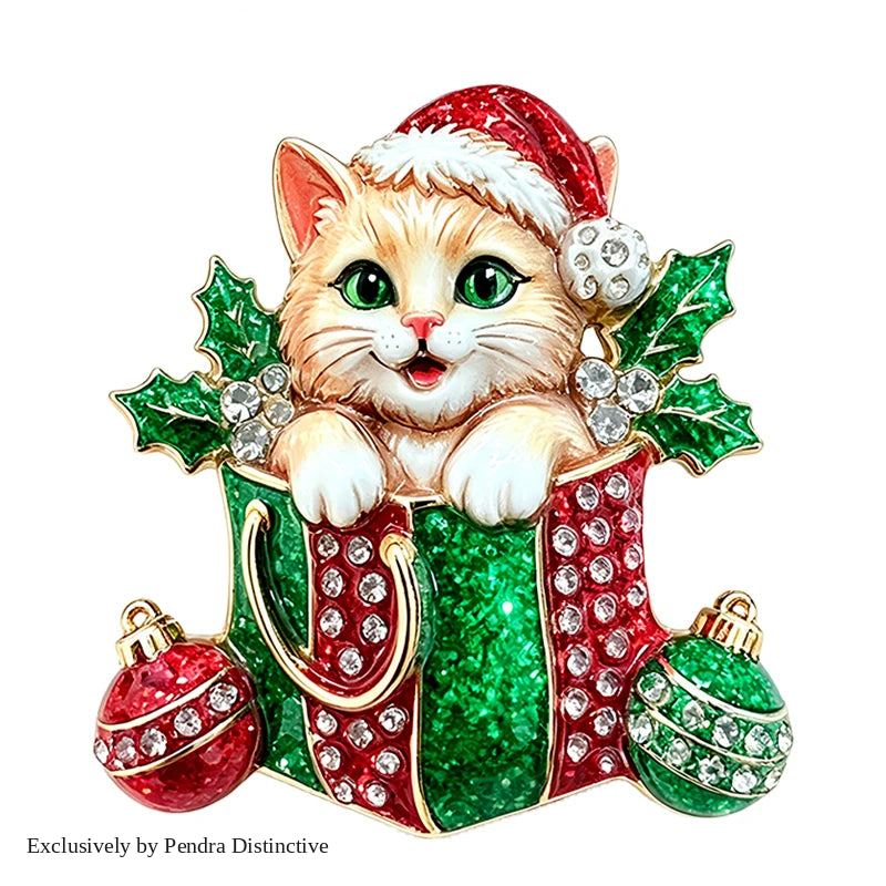PENDRA Christmas Kitty Rhinestone Brooch