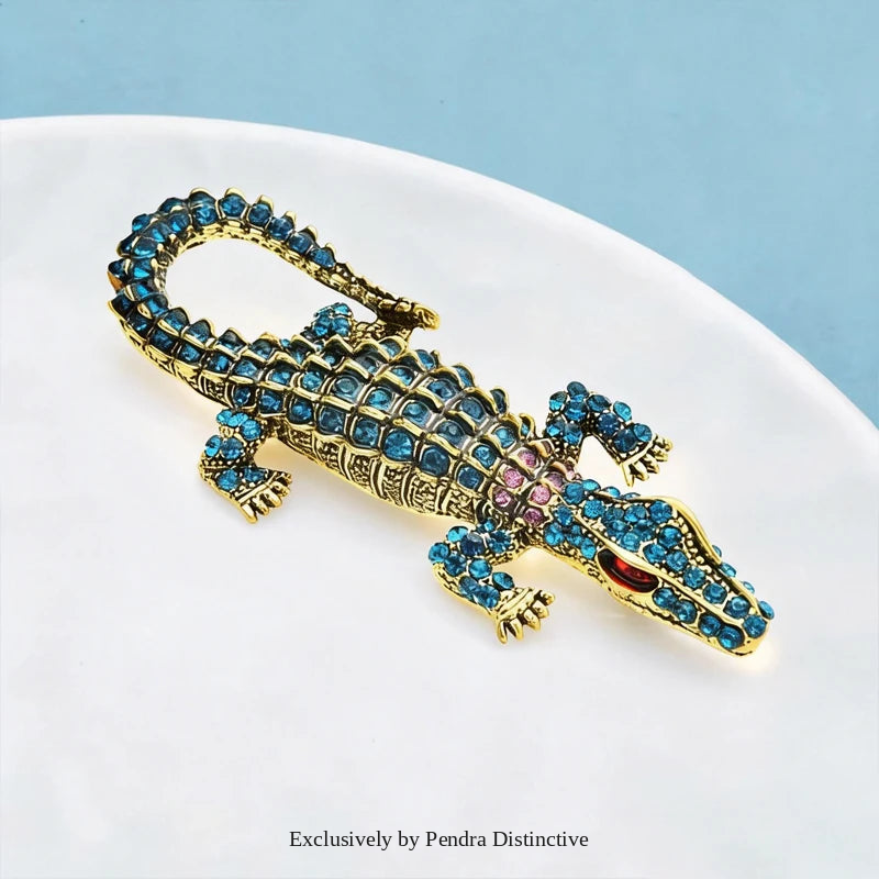 PENDRA Classic Crocodile Rhinestone Animal Brooch