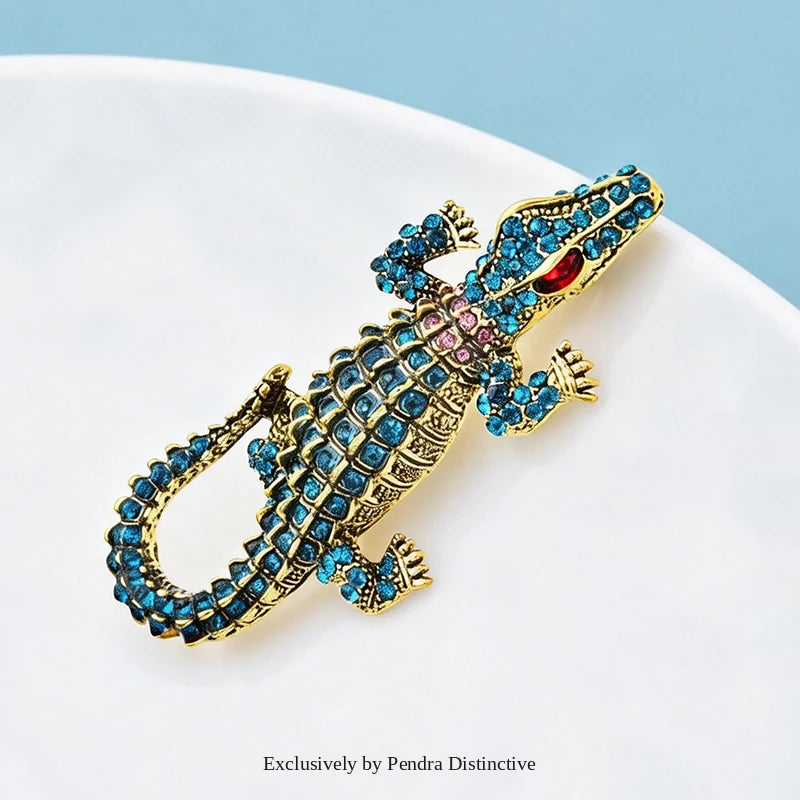 PENDRA Classic Crocodile Rhinestone Animal Brooch