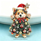 PENDRA Corgi Rhinestone Christmas Tree Brooch