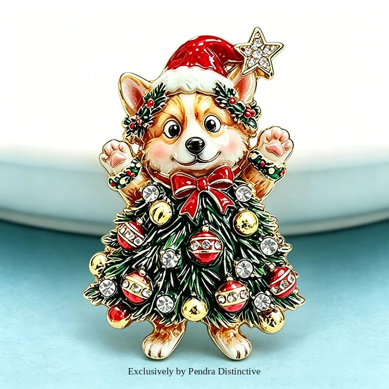 PENDRA Corgi Rhinestone Christmas Tree Brooch