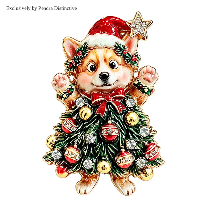 PENDRA Corgi Rhinestone Christmas Tree Brooch