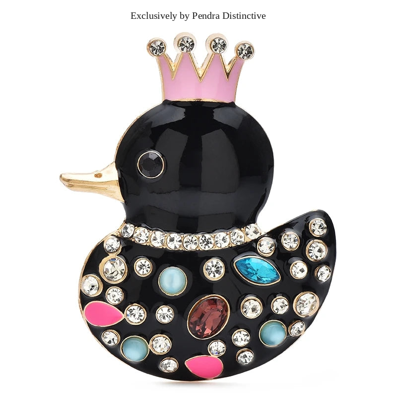 PENDRA Crown Duck Enamel Rhinestone Brooch