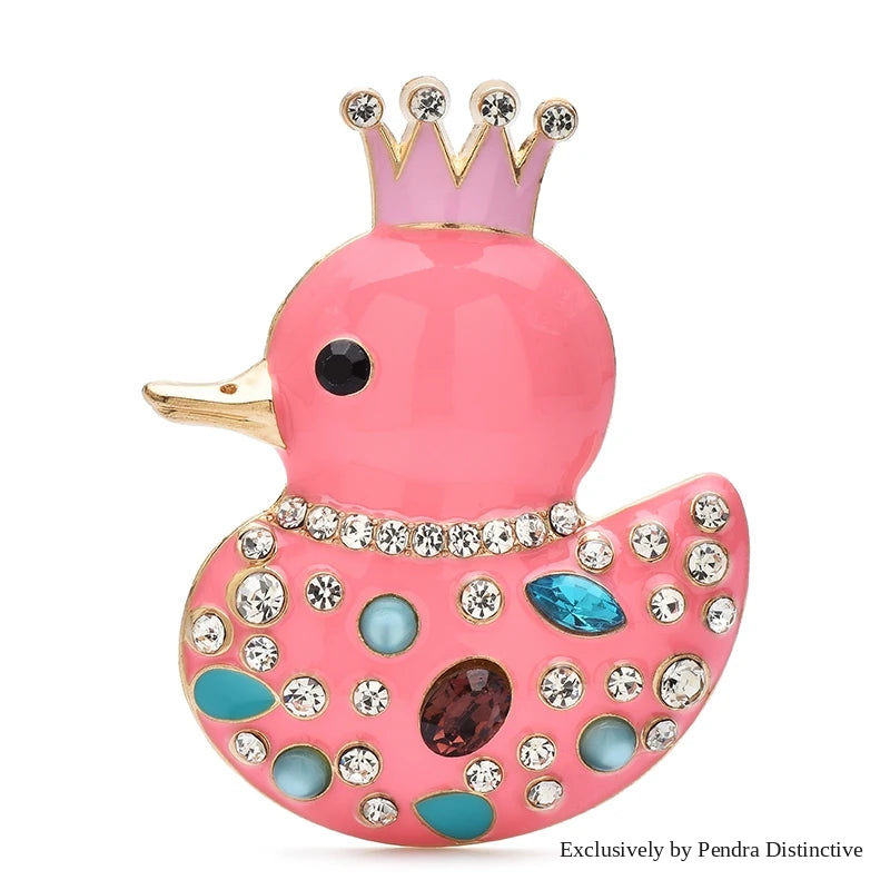 PENDRA Crown Duck Enamel Rhinestone Brooch
