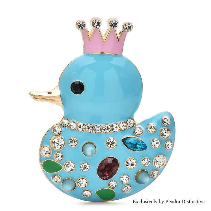 PENDRA Crown Duck Enamel Rhinestone Brooch