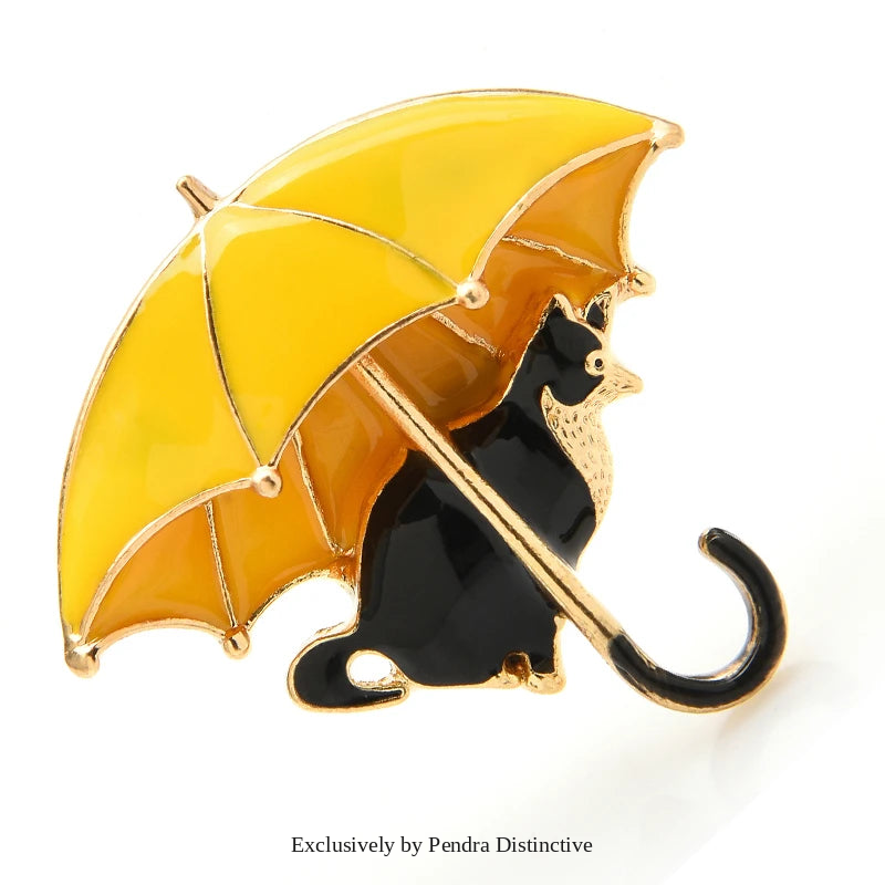 PENDRA Cute Cat Under Umbrella Brooch