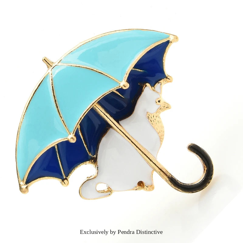 PENDRA Cute Cat Under Umbrella Brooch