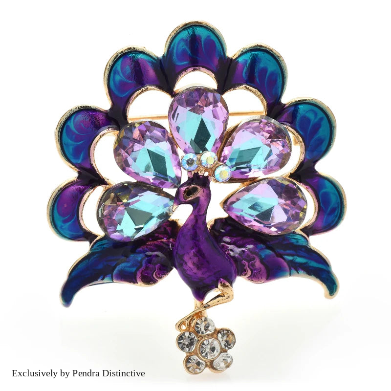 PENDRA Cute Glass Peacock Brooch