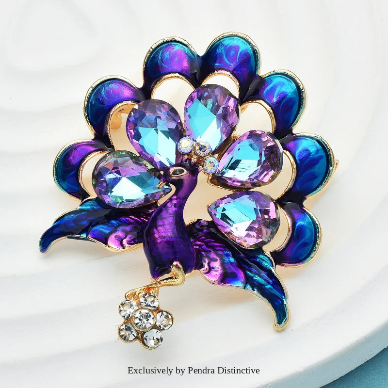 PENDRA Cute Glass Peacock Brooch