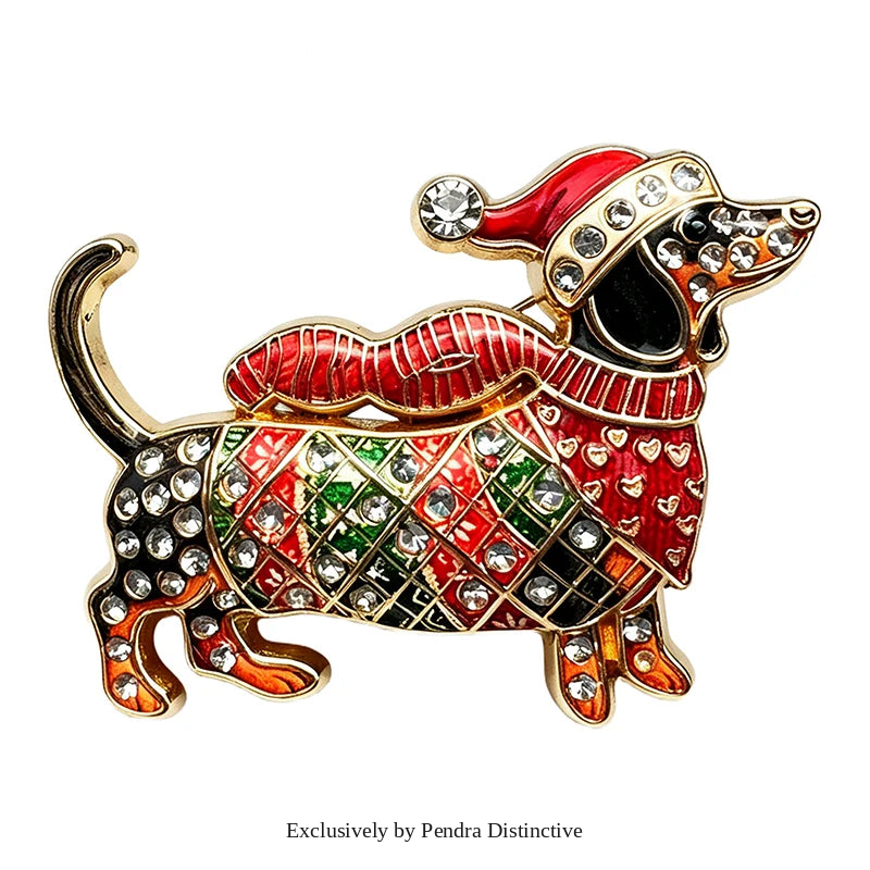 PENDRA Dachs Rhinestone Christmas Dog Brooch
