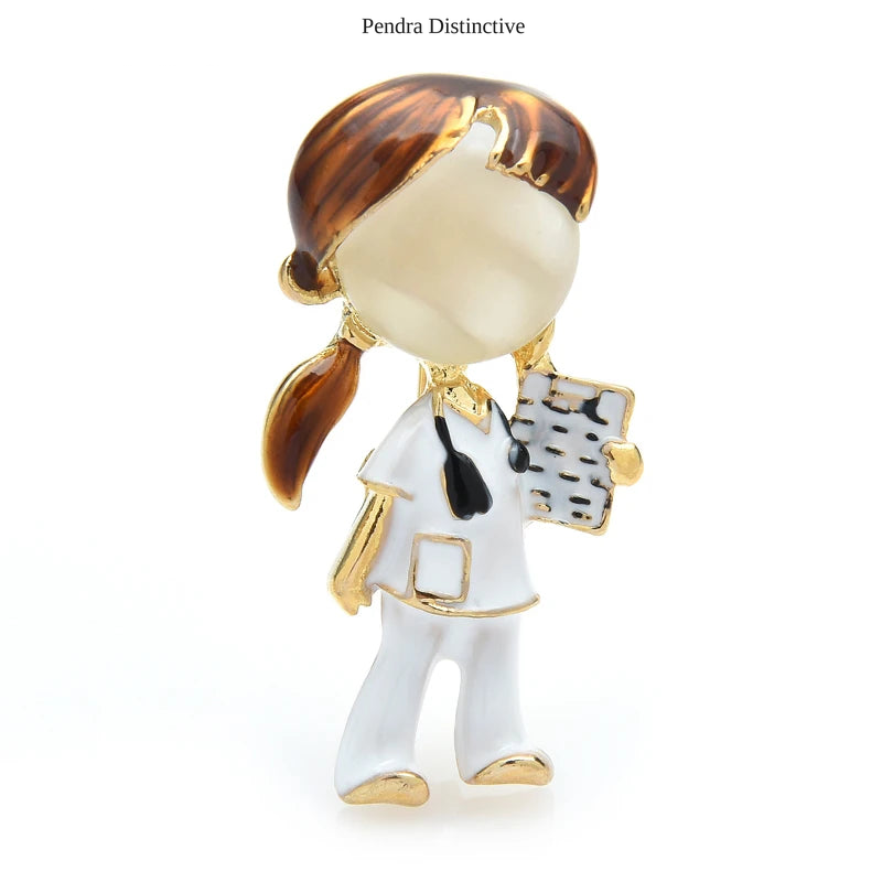 PENDRA Black Brown Hair Doctor Nurse Brooch