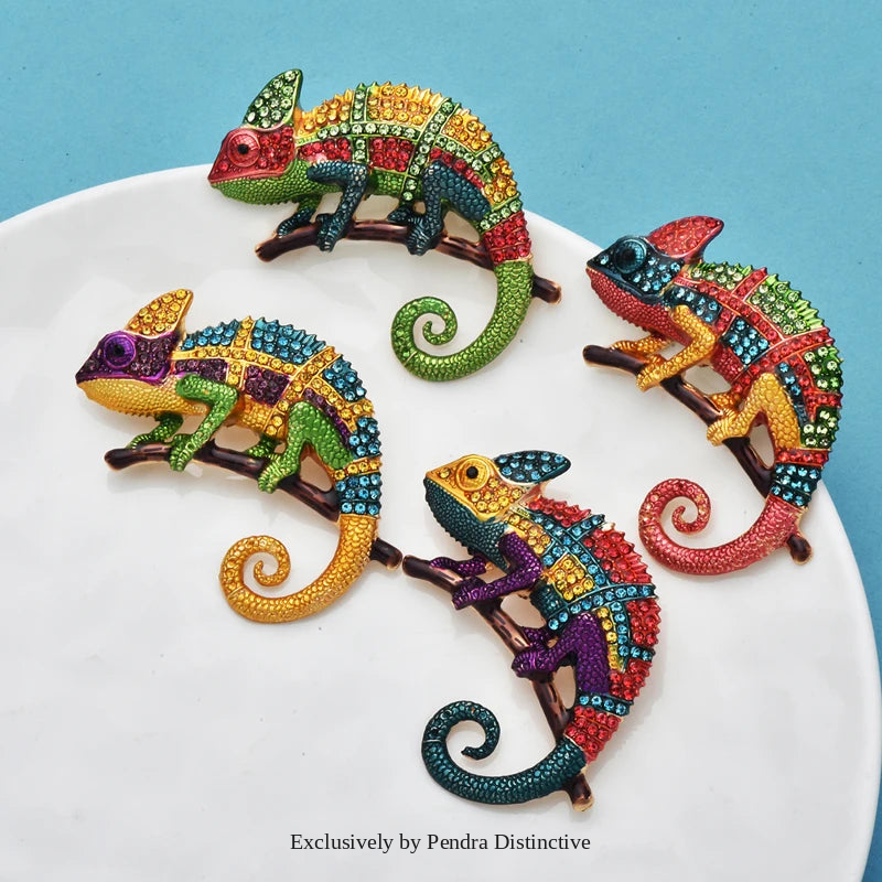 PENDRA Emerald Gecko Rhinestone Animal Brooch