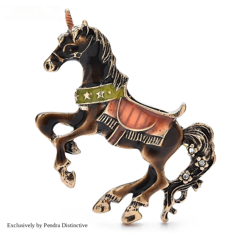 PENDRA Enamel Horse Raising Legs Brooch