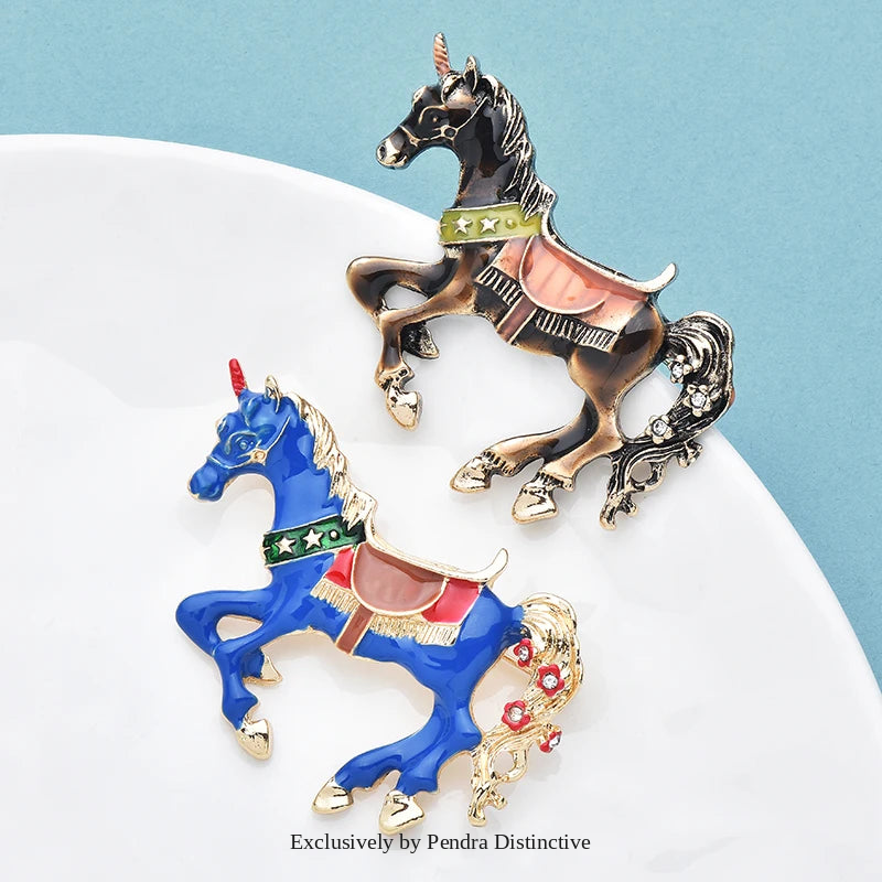 PENDRA Enamel Horse Raising Legs Brooch