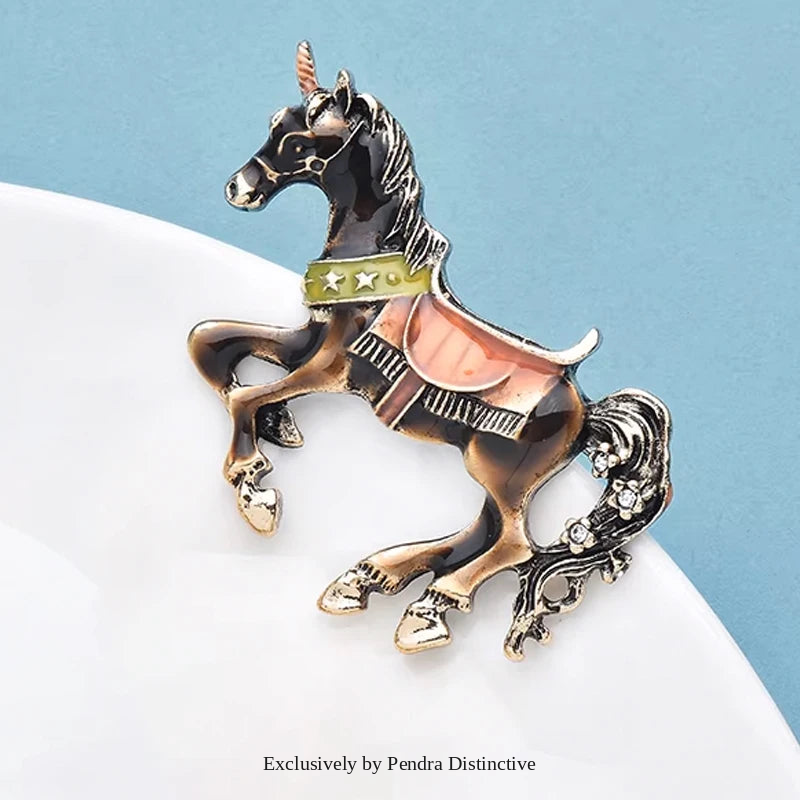 PENDRA Enamel Horse Raising Legs Brooch