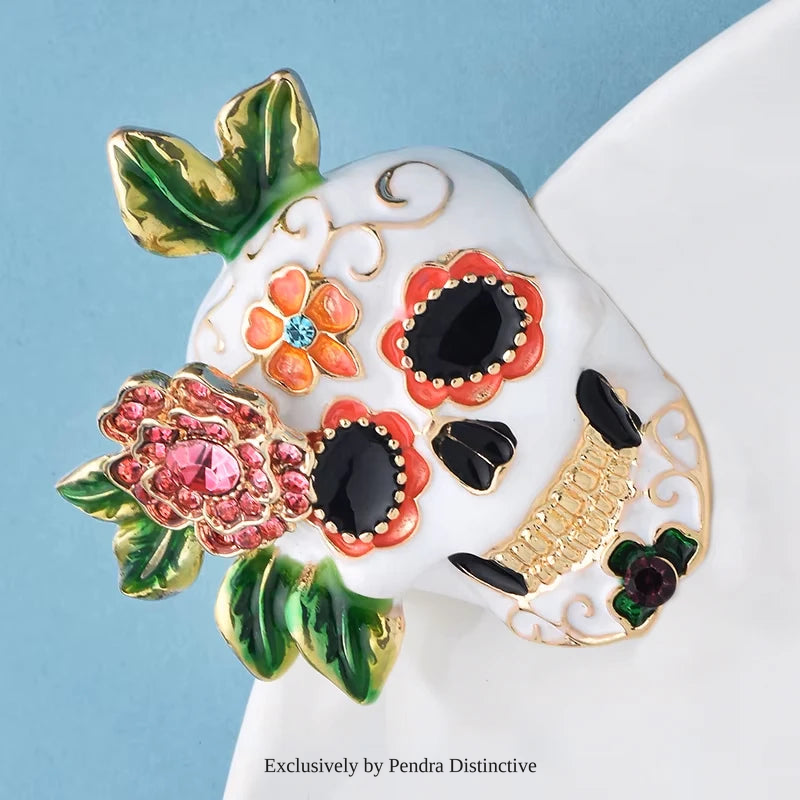 PENDRA Lovely Enamel Skull Brooch