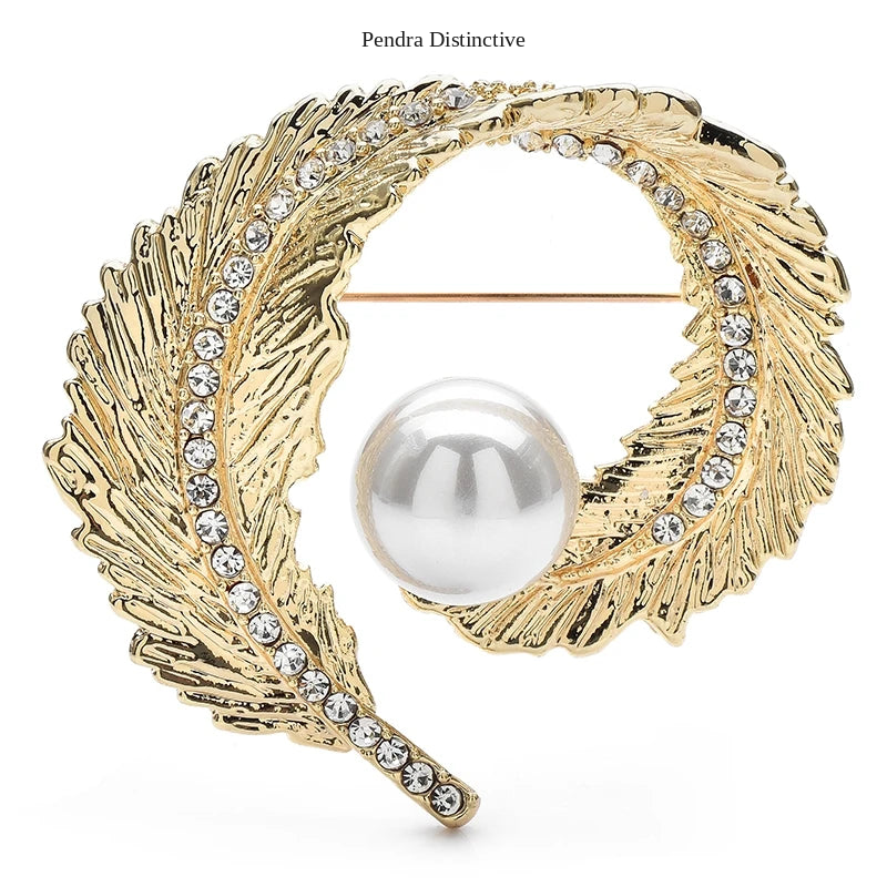 PENDRA Featherella Round Feather Pearl Brooch