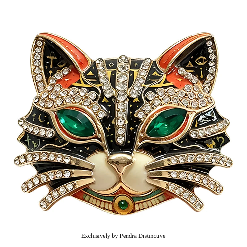 PENDRA Feline Rhinestone Enamel Cat Brooch