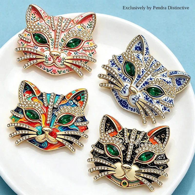 PENDRA Feline Rhinestone Enamel Cat Brooch