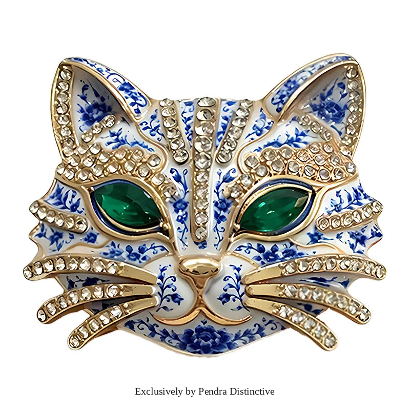 PENDRA Feline Rhinestone Enamel Cat Brooch