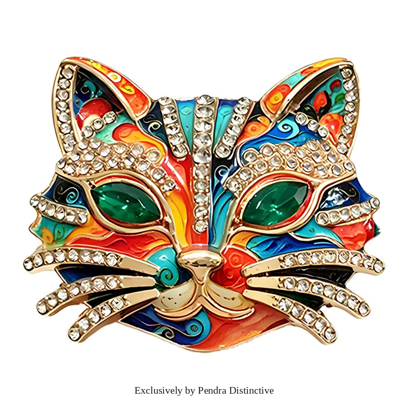 PENDRA Feline Rhinestone Enamel Cat Brooch