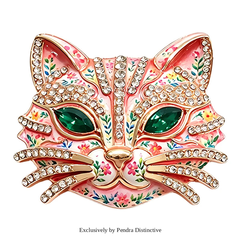 PENDRA Feline Rhinestone Enamel Cat Brooch