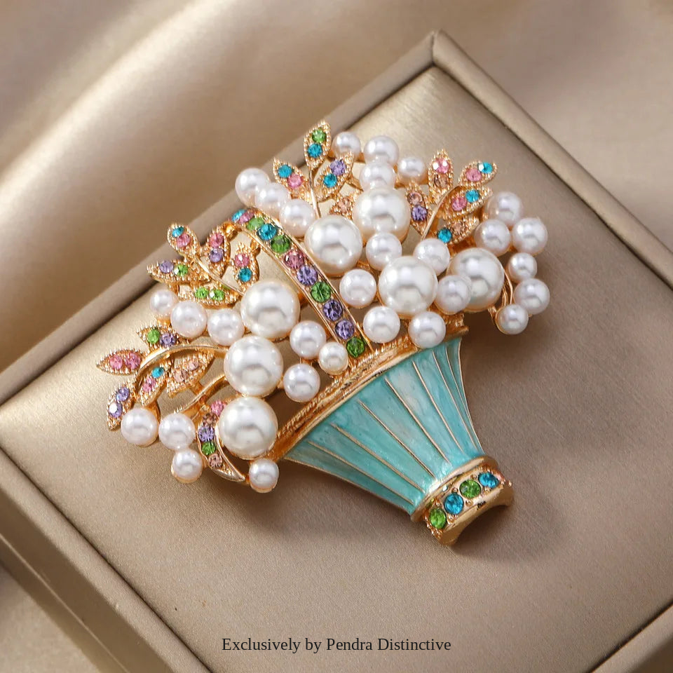 PENDRA Fleuris Luxury Pearl Flower Pot Brooch