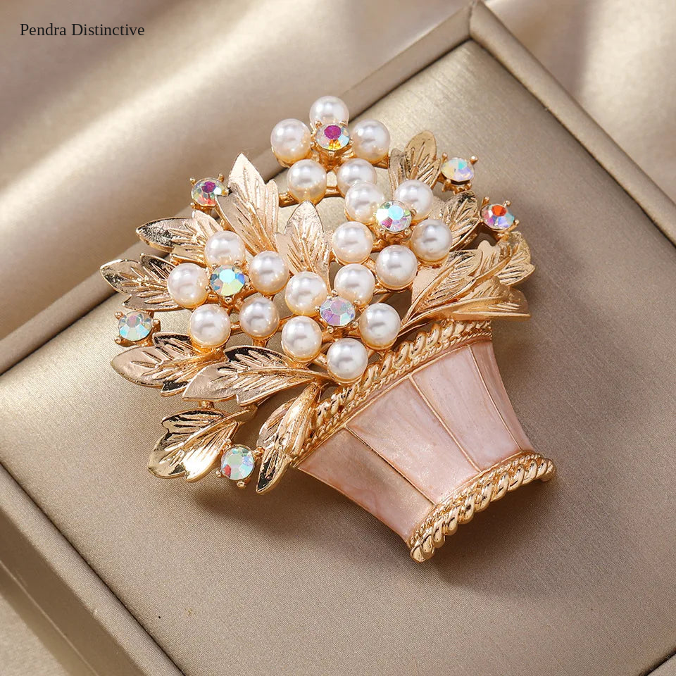 PENDRA Fleuris Luxury Pearl Flower Pot Brooch